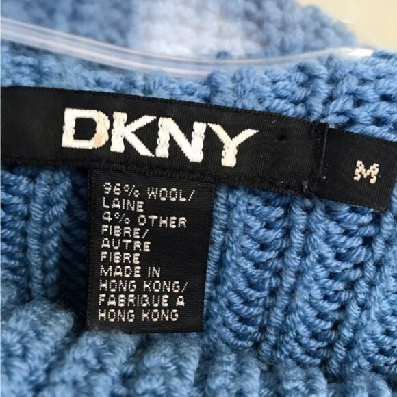 DKNY Chucky Wool Ribbed Knit Sweater Side Mock Neck Soft Cozy Oversized Blue M - Picture 5 of 15
